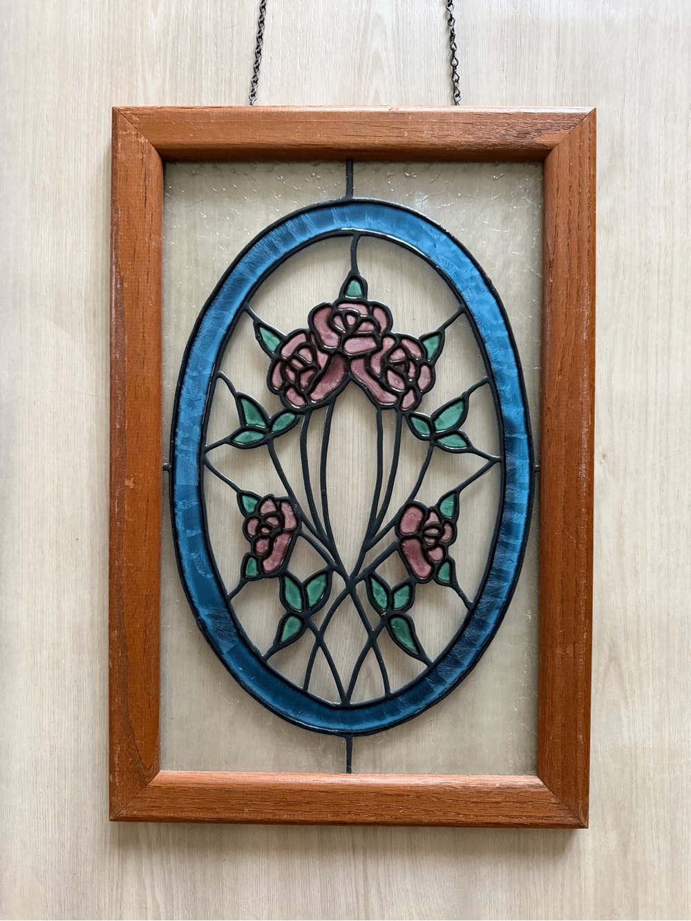 Vintage Stained Glass Framed Window Panel W/Rose Motif